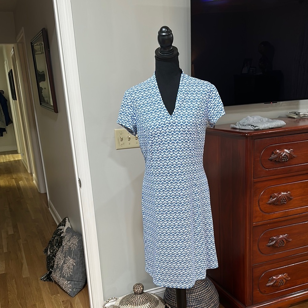 J. McLaughlin Ivanna Blue and White Midi A-Line Dress